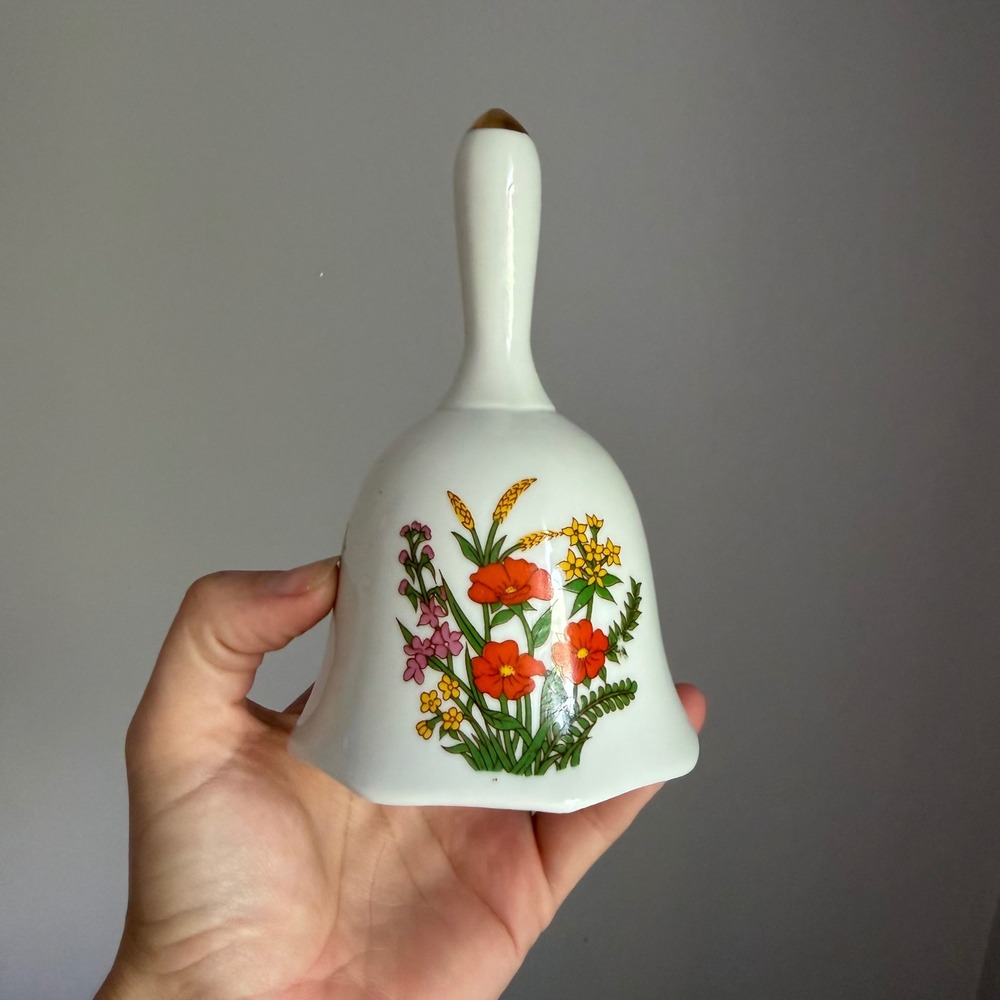 Vintage Ceramic Wildflower Hand Bell White Porcelain Orange Poppies Gold Tip